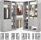 Corner Closet System with 5 Drawers, Closet Organizer System with 15+Shelvess & 4 Hanging Rods, 63.2"L * 63.2"W / 87.2"L * 39.2"W Reversible L Shaped Walk-in Closets, Load 2500+LBS, Grey