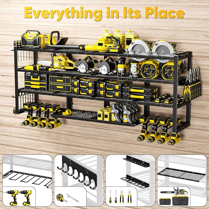 64”W Power Tool Organizer Wall Mount, Heavy Duty 8-Drill Cordless Drill Holder Supports 800 lbs, 4-Layer Corner or Straight Assembly Large Tool Battery Storage Rack for Garage Workshop