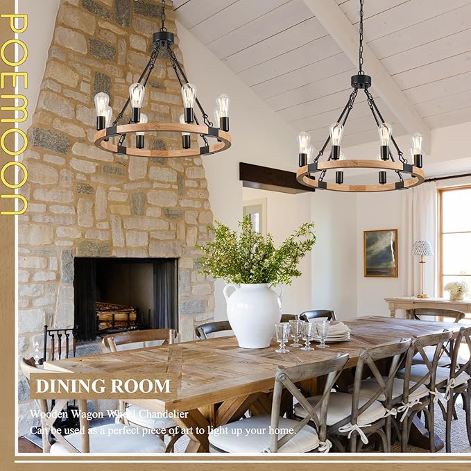 8 Lights Wooden Wagon Wheel Chandelier Natural Farmhouse 23.6'' Black Metal Light Fixtures Rustic Wood Round Chandelier for Living Dining Room Kitchen Entryway Foyer