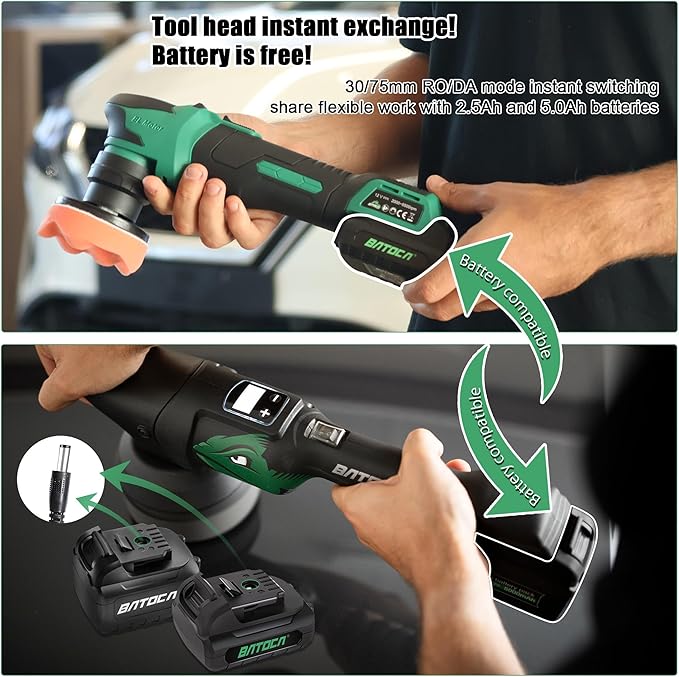 BATOCA S4 Cordless Polisher 3"/1" DA/RO Polisher- Brushless Motor & S2 Cordless Car Buffer - LED Display, 5Ah+2.5Ah Interchangeable 2 Batteries for Car Detailing, Headlight Restoration, PRO Combo Kit