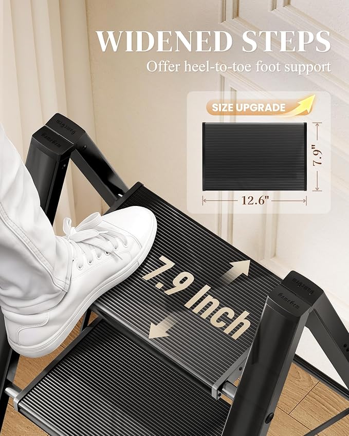 GameGem 2 Step Ladder, Folding Step Stool with Wider Pedal, Anti-Slip Feet & Non Slip Stripes, Aluminum Sturdy Material, 300Lbs Capacity, Elegant Look of Piano Black Better Matches Your Home