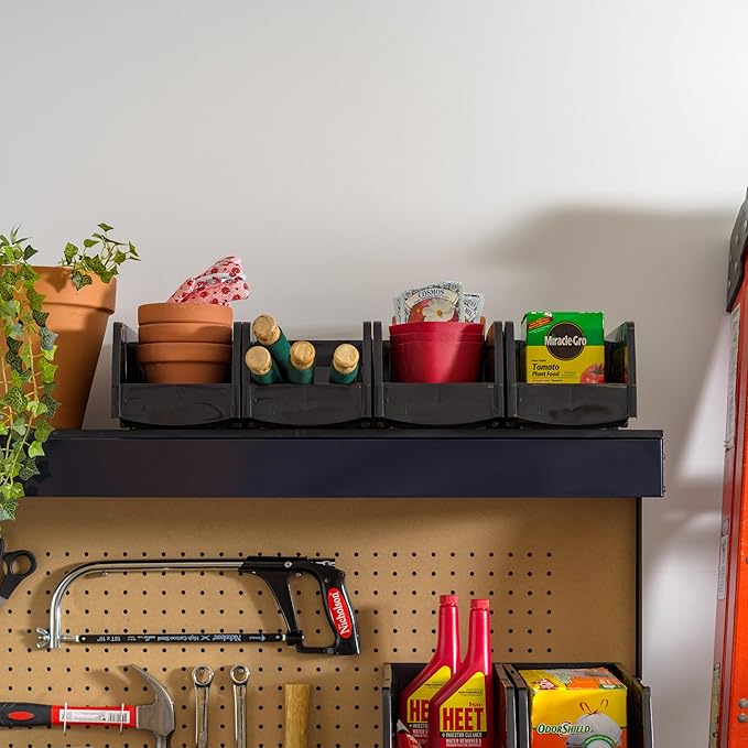 IRIS USA Medium Stackable Storage Bins, 8-Pack, 11"L x 6"W x 5"H, |Made in USA|, Plastic Open Front Shelf Bin for Organizing Parts, Hardware, Tools, Supplies, Garage Shelf, Pantry - Black