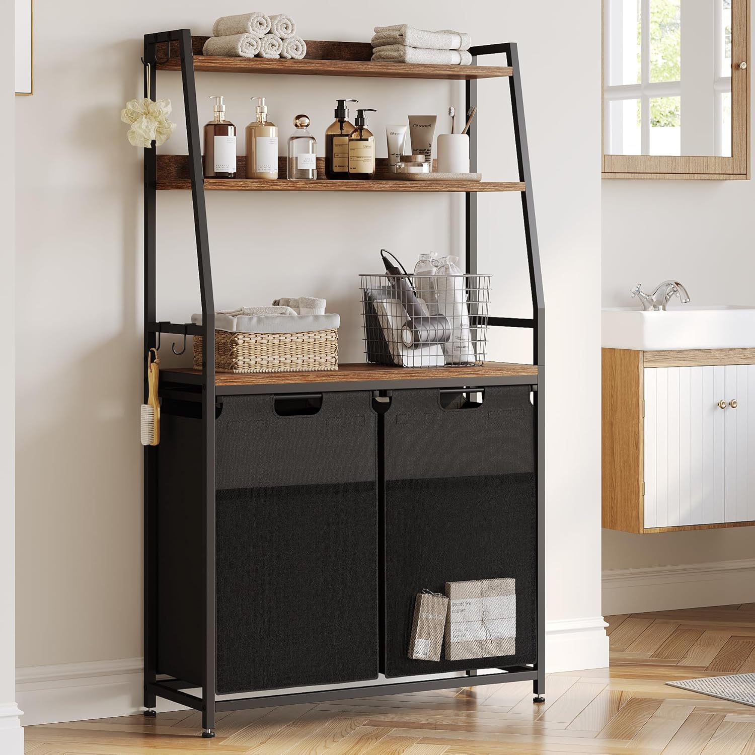 Lulive Double Laundry Hamper with Shelf, Laundry Basket with 3 Tier Storage Shelves & 4 Removable Hooks, Tall Laundry Sorter Clothes Hamper with Pull-Out Bags for Bathroom, Laundry Room