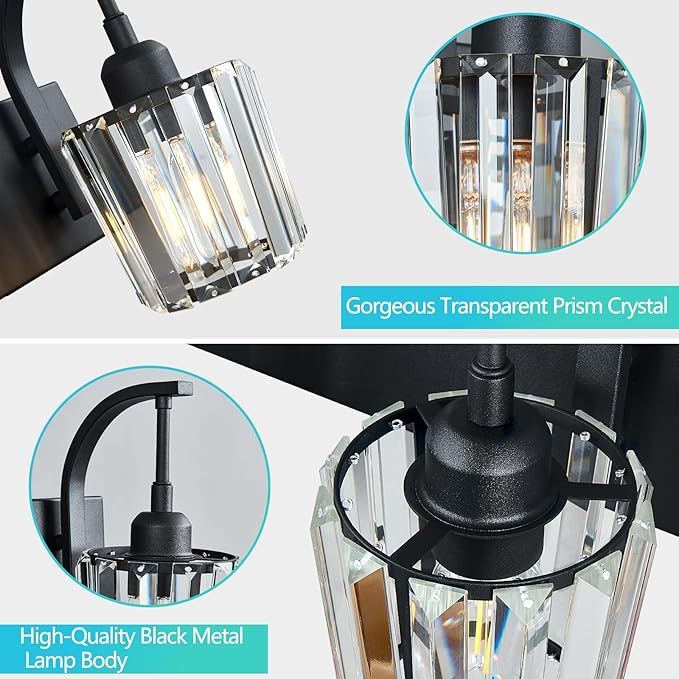 Modern Bathroom Vanity Light, 4-Light Black Wall Sconce with Crystal Accents, Over Mirror Bathroom Lighting Fixture, 32.67" Long Dimmable Vanity Lamp for Makeup, Easy Installation