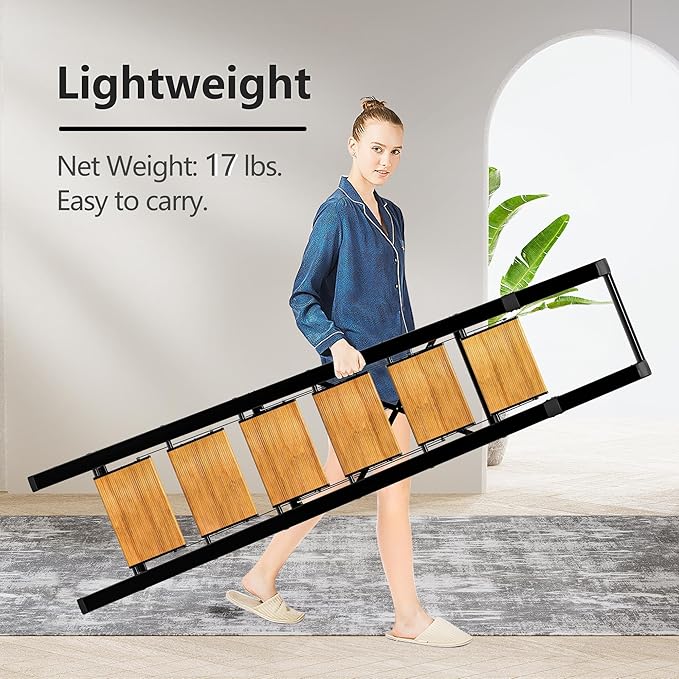 GameGem 6 Step Ladder for 12 Feet High Ceiling, Lightweight Aluminum Folding Step Stool with Convenient Handgrip, Stepladders with Anti-Slip and Wide Pedal for Home Use Space Saving - Black+Woodgrain