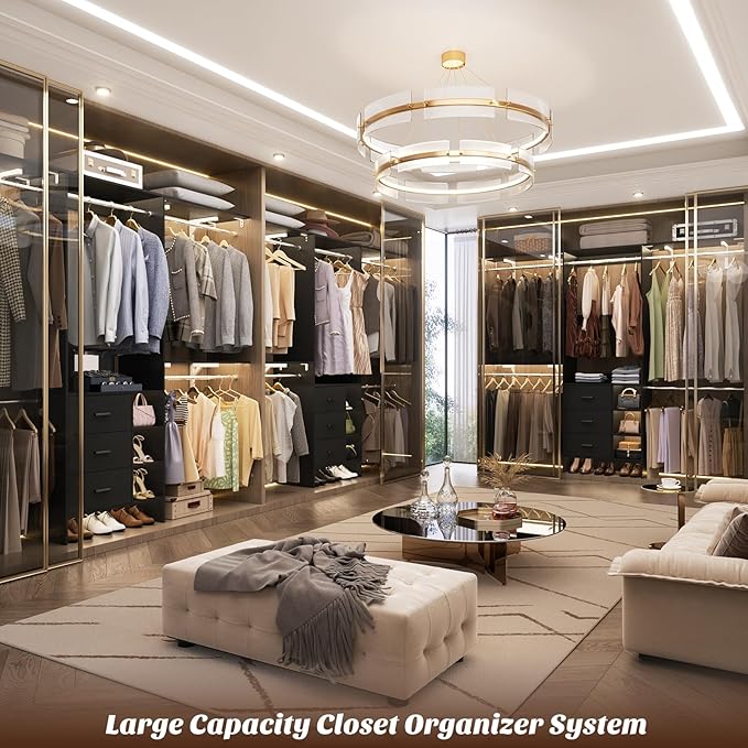 Aheaplus Closet System, Closet Organizer with 3 Wooden Drawers, 8FT Closet Organizer System, 96’’ Walk-in Closet Wardrobe Clothes Rack with Hanging Rods, Adjustable Garment Rack, Fits 5.3-9 ft, Black