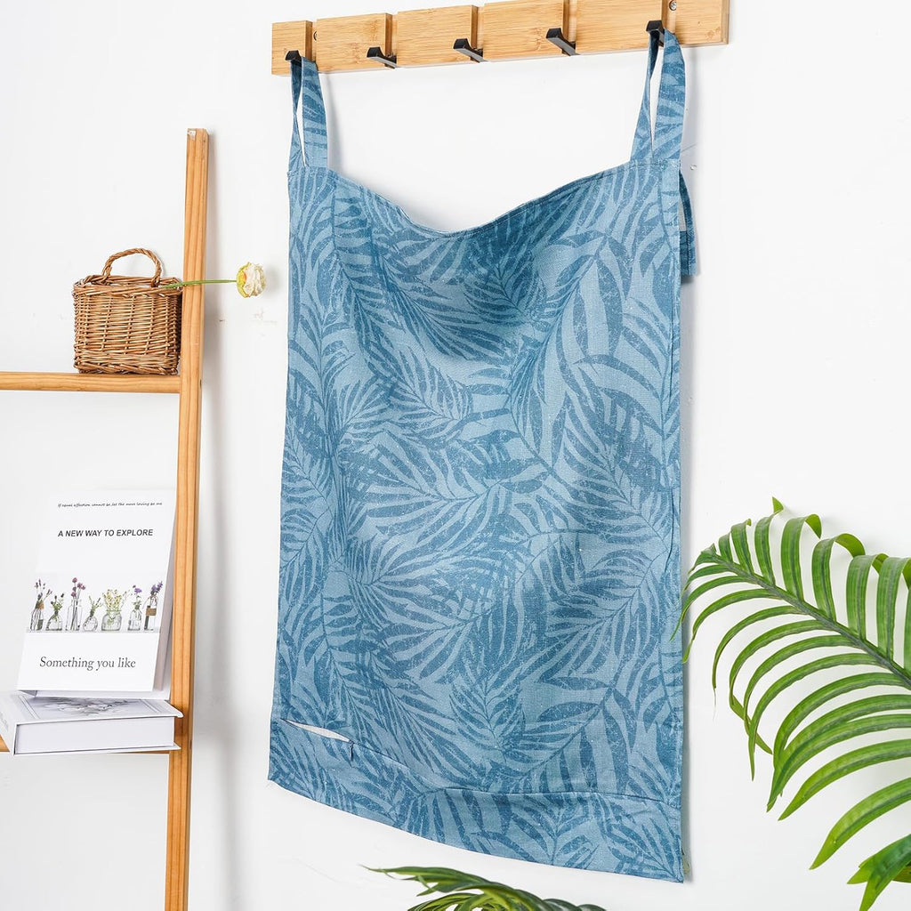 Linen Hanging Laundry Bag, 100% Linen Leaf Print Over The Door Laundry Hamper with Buttons and Zipper, Space Saving Door Hampers for Laundry Dirty Clothes Home Travel, Blue, 19.7x27.5inches