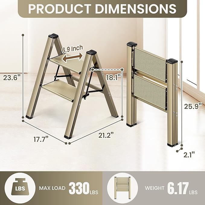 GameGem 2 Step Ladder, Aluminum Folding Step Stool with Anti-Slip Sturdy and Wide Pedal, Lightweight Portable Stepladder for Home and Kitchen Use Space Saving, 330 lbs, Champagne Gold