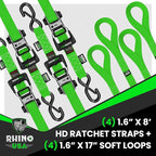 Rhino USA Ratchet Straps Heavy Duty Kit (4-Pack) - 1.6 Inch x 8 Feet (5,208lb Break Strength) - Ultimate Tie Down Straps with Safety S Hooks for Trucks, ATV, UTV, Motorcycle, Cargo & More - Green