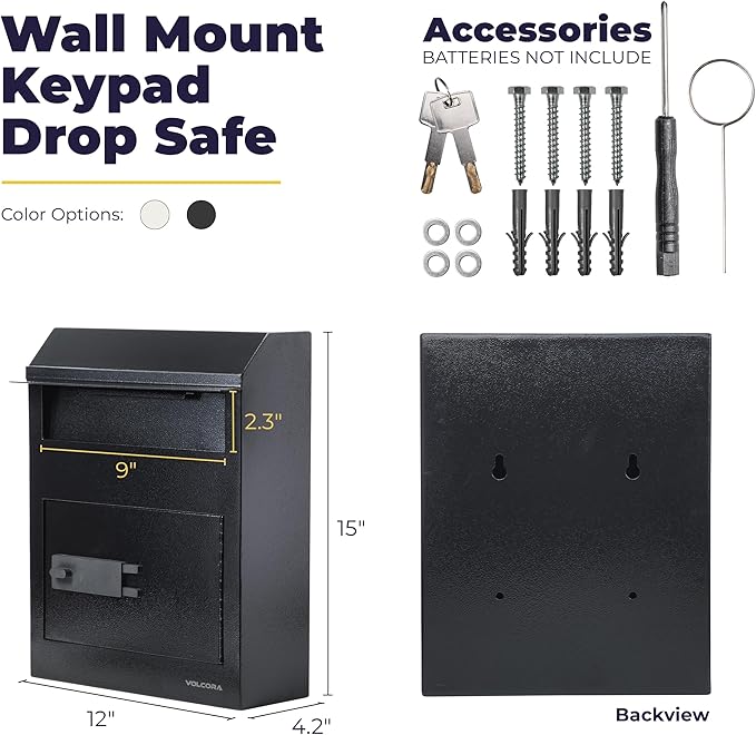 Volcora Key Drop Box with Lock, Drop Slot Depository Safe Box Digital Keypad, Outdoor Waterproof Money Drop Safe for Business, Cash Drop Box, Wall Mount Mailbox, Electronic Programmable Lock, Black