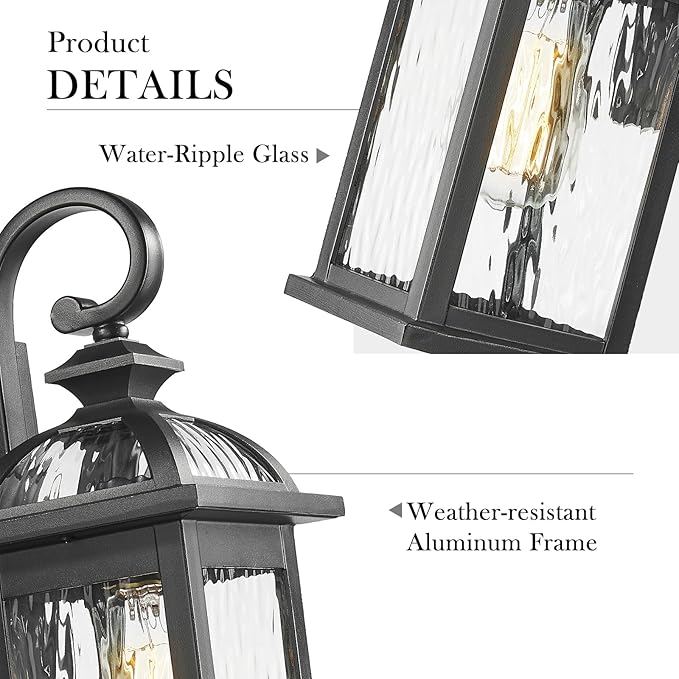 Darkaway Outdoor Lights Fixture Wall Mount, Exterior Wall Light with Water Ripple Glass Waterproof Black Outside Wall Sconce for House Porch Hallway Garage