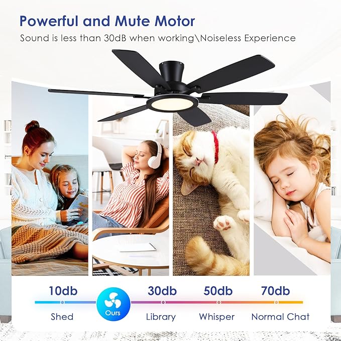 55in Black Flush Mount Ceiling Fan - RGB Low Profile Ceiling Fan Light with Remote-APP, Dimmable and 3CCT, Modern Fan with RGB Light for Indoor and Covered Outdoor