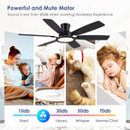 55in Black Flush Mount Ceiling Fan - RGB Low Profile Ceiling Fan Light with Remote-APP, Dimmable and 3CCT, Modern Fan with RGB Light for Indoor and Covered Outdoor