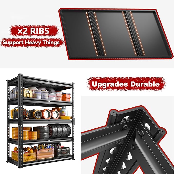 REIBII 72.1" H Garage Shelving 2000LBS Storage Shelves Heavy Duty Metal Shelving 5 Tier Garage Storage Shelves for Commercial Warehouse Pantry Kitchen 72.1" H x 40.1" W x 18.1" D