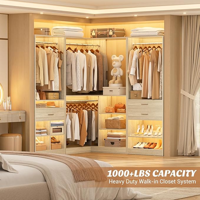 Unikito 86" Corner Closet System, Modular Closets Organizer with 4 Hanging Rods and Storage Shelves, Freestanding Wood Clothes Garment Rack with Drawers, Sturdy Walk in Closet Tower, White Oak