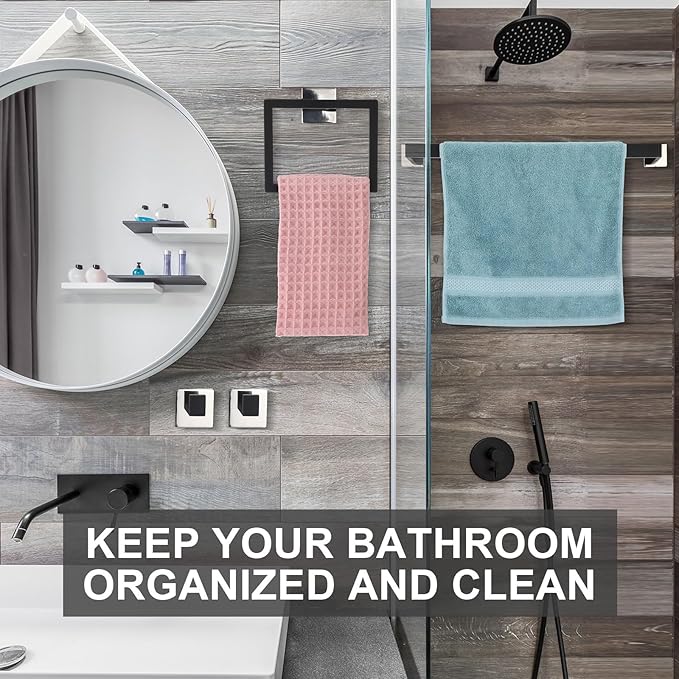 Gisafai 15 Pcs Bathroom Hardware Accessories Set 23.6 Inch Bath Towel Bar Kit Stainless Steel Bathroom Hardware Set Towel Racks Ring Hooks Paper Holder for Wall Mounted (Black Silver)