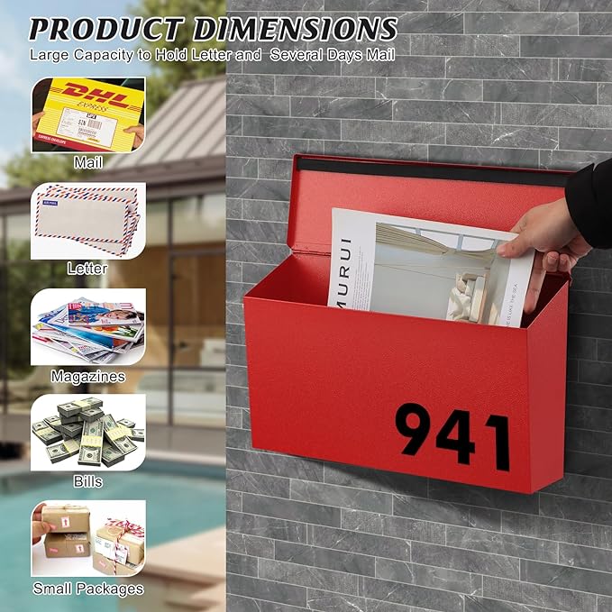 KYODOLED Wall-Mount Mailbox, Large Capacity Mail Box, Galvanized Steel Rust-Proof Metal Post Box, Mailboxes for Outside,15.7"x9.9"x4.9" Red