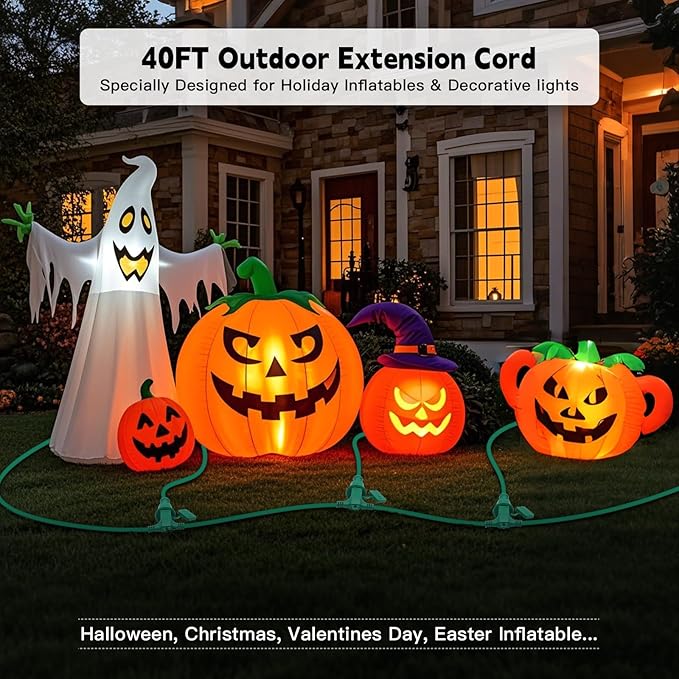 40FT Outdoor Extension Extension Cord for Halloween Christmas Inflatables with Multiple Outlets Green Electrical Cord with Multiple Plugs Outdoor Christmas Blow Up Decorations Light Extension Cords