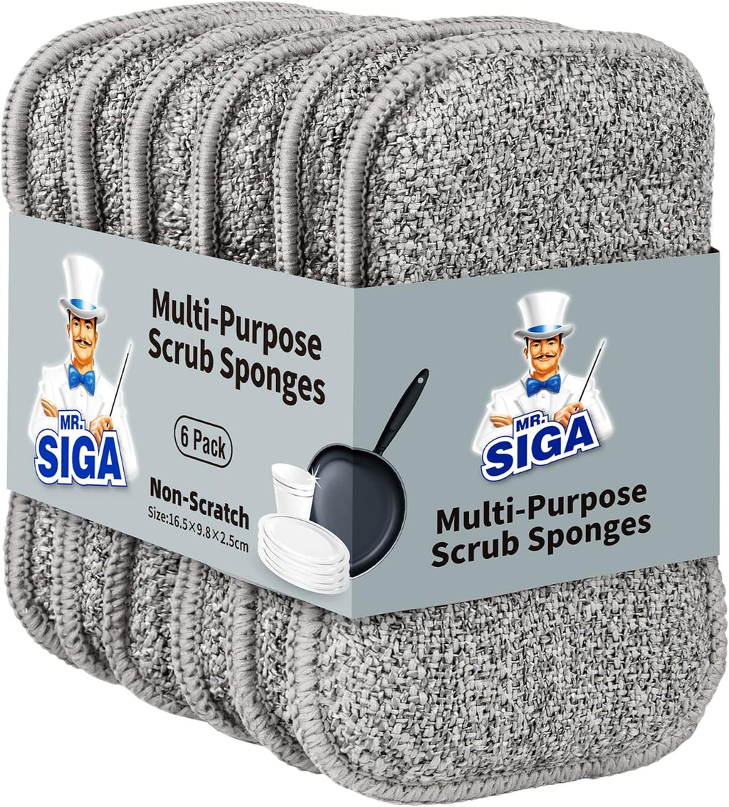 MR.SIGA Dual-Sided Scrub Sponges, Long lasting, Reusable Dishwashing Sponges for Kitchen, 6 Pack