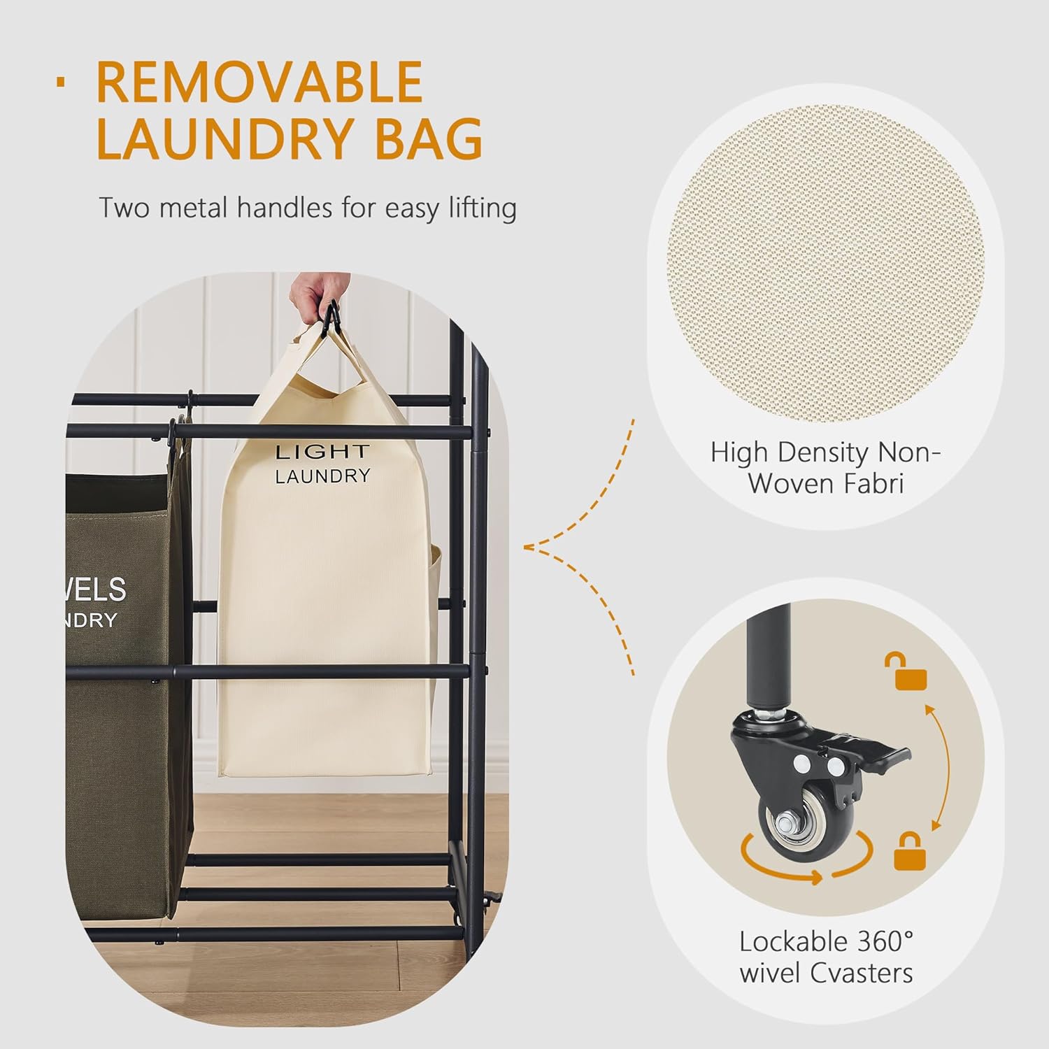 Laundry Sorter 3 Section,Laundry Hamper Cart with Hanging Rack & Removable Bags,Heavy Duty Laundry Basket Organizer with Wheels & 2 Tier Shelf,3 Colors