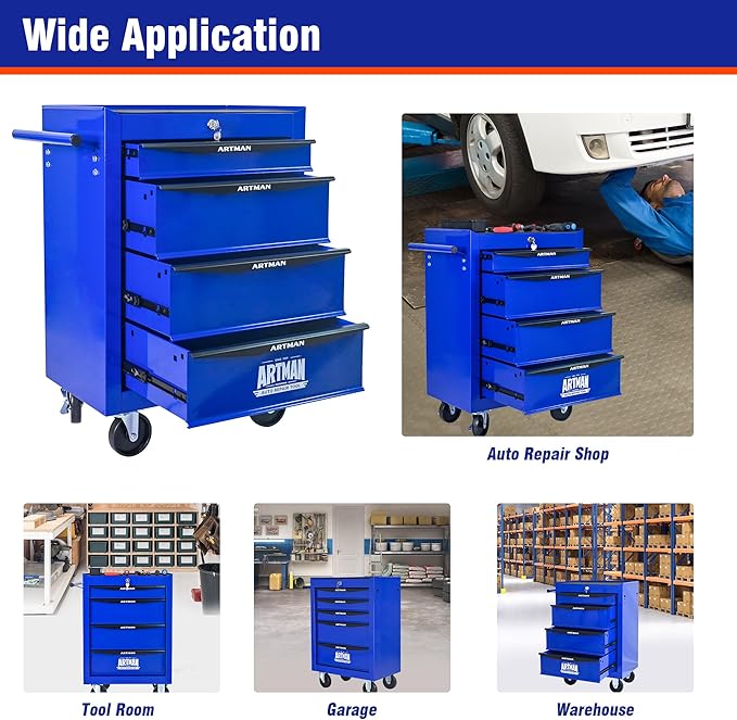 4 Drawers Rolling Tool Box on Wheels, Multifunctional Tool Chest Cabinet with Lock, Drawers Rolling Tool Cart Trolley Organizer Tool Storage Case for Warehouse,Garage,Workshop (Blue)