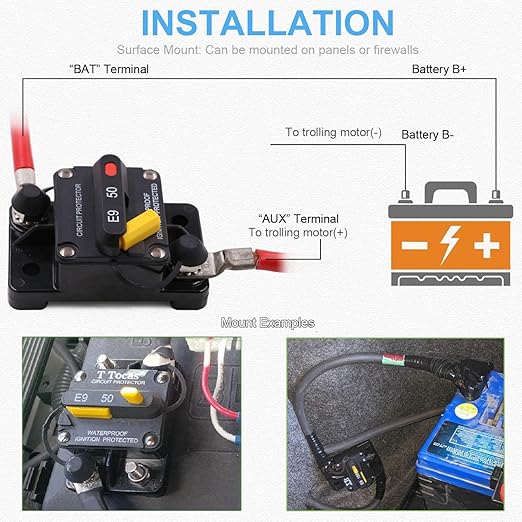 E9 50 Amp Circuit Breaker with Recessed Switch Design | Waterpoof IP67 Protection DC 12V-72V 50A Manual Reset UL Surface Mount