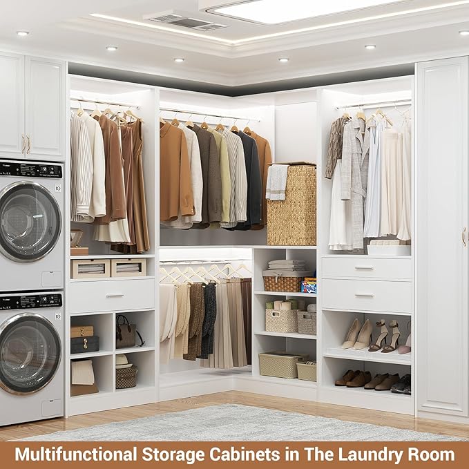 Unikito 86” Corner Closet System, Modular Closets Organizer with 4 Hanging Rods and Storage Shelves, Freestanding Adjustable Wood Clothes Garment Rack with Drawers, Sturdy Walk in Closet Tower, White