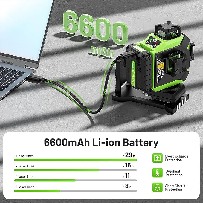Huepar 4x360 Laser Level Self-leveling 4D Green Beam Cross Line 16 Lines Tiling Floor Laser Tool -2x360 Horizontal/Vertical Laser Lines -rechargeable Li-ion Battery & Integrated Magnetic Bracket 704CG
