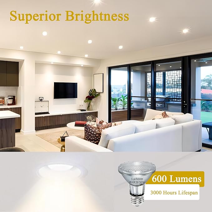 PAR20 Flood 50W 120V Flood Light Bulbs, 6 Pcs PAR20 Range Hood Light Bulb with Dimmable E26 Base, Dimmable 2800K Warm White, Long Lasting for Indoor Spotlight, Range Hood, Recessed