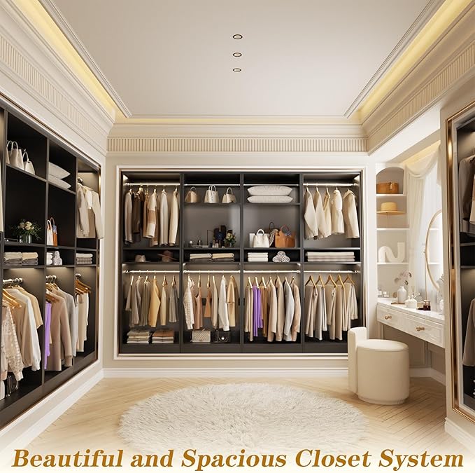 Unikito 100 Inch Large Closet System, 8.3FT Wood Closet Organizer Kit with 8 Hanging Rods, Adjustable Walk in Wardrobe Closet Tower, Sturdy Luxury Clothes Garment Rack, Easy Assembly, Set of 4, Black