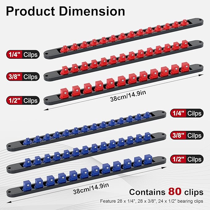 FIVEPEARS 6PCS 360° Socket Organizer Twist Lock,3/8 1/4 1/2 Socket Storage Rails, Premium Quality Socket Holders for Tool Box ，Tool Carts，Contains up to 80 Clips (Blue & Red)