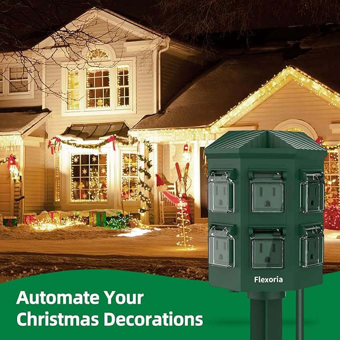 Flexora Outdoor Power Strip with 24-Hour Mechanical Timer, 100 FT Extension Cord Waterproof, 6 Grounded Outlets for Outdoor Christmas Decorations, ETL Listed