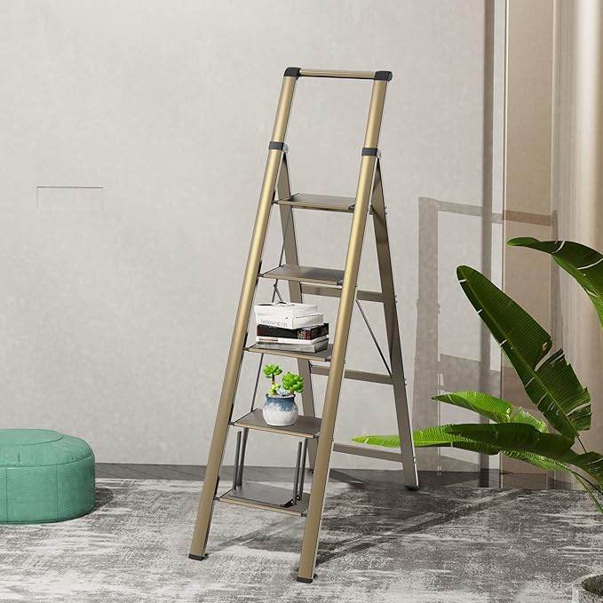 GameGem 5 Step Ladder for 10 Feet High Ceiling, Lightweight Aluminum Folding Step Stool with Convenient Handgrip, Stepladders with Anti-Slip and Wide Pedal for Home Use Space Saving - Gold