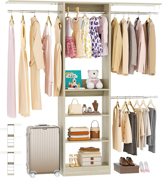 48" Small Closet Organizer, 4FT Closet System for Small Closets with 4 Hanging Rods & 3 Shelves, 80"H Small Closet Organizers and Storage for Bedrooms, Cloakrooms, White Oak