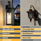 19" Large Outdoor Wall Lights 2 Pack, Black Exterior Light Fixtures, Outdoor Sconces Wall Lighting Porch Lights, Waterproof Wall Lamp for House, Doorway, Garage, Black Metal with Gold Trim