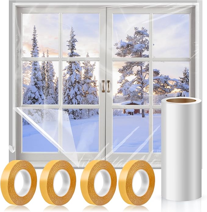 Window Insulation Kit, 87 × 394 Inch Plastic Window Coverings for Winter, Thicken Window Shrink Film Insulator Kit Windows Waterproof Winterizing with 4 Double-Sided Tape for 3 Pcs 7 x 9 Ft Windows