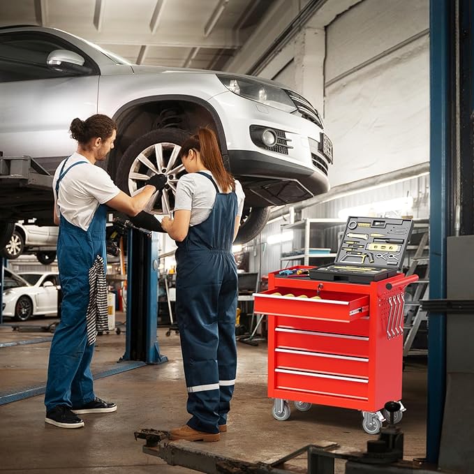 5-Drawer Rolling Tool Chest Toolbox, Rolling Tool Box with Wheels, Tool Chest with Keyed Locking System and Drawer Liners, Tool Box Organizer for Garage, Warehouse, Workshop(Red)