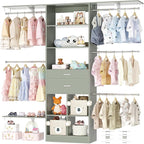 5FT Small Closet System, Baby Closet Organizer System with Wooden Drawers, 60 Inches Walk in Closet System with 5 Hanging Rods and 3 Reversible Hanging Shelving, Crab Green