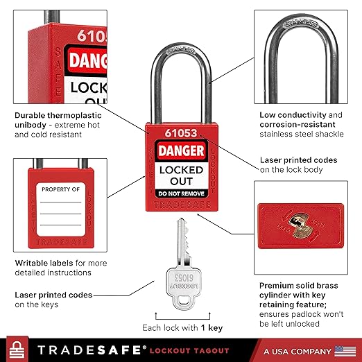 TRADESAFE Lockout Tagout Locks Set - 7 Red Loto Locks, Lockout Locks Keyed Different, 1 Key Per Lock, OSHA Compliant Lock Out Tag Out Padlocks, Safety Padlocks for Electrical Lockout Tag Out Kits