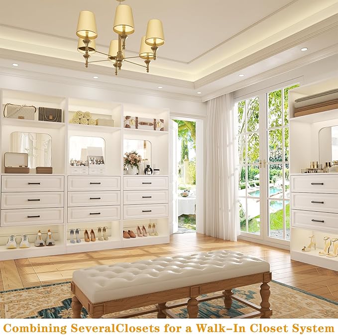 Unikito 100" Freestanding Closet System with Drawers, 8FT Closet Organizer Wardrobe with Storage Shelves and Mirror, Heavy Duty Wood Walk-in Closet Towers for Bedroom, Max Load 2000 LBS, White