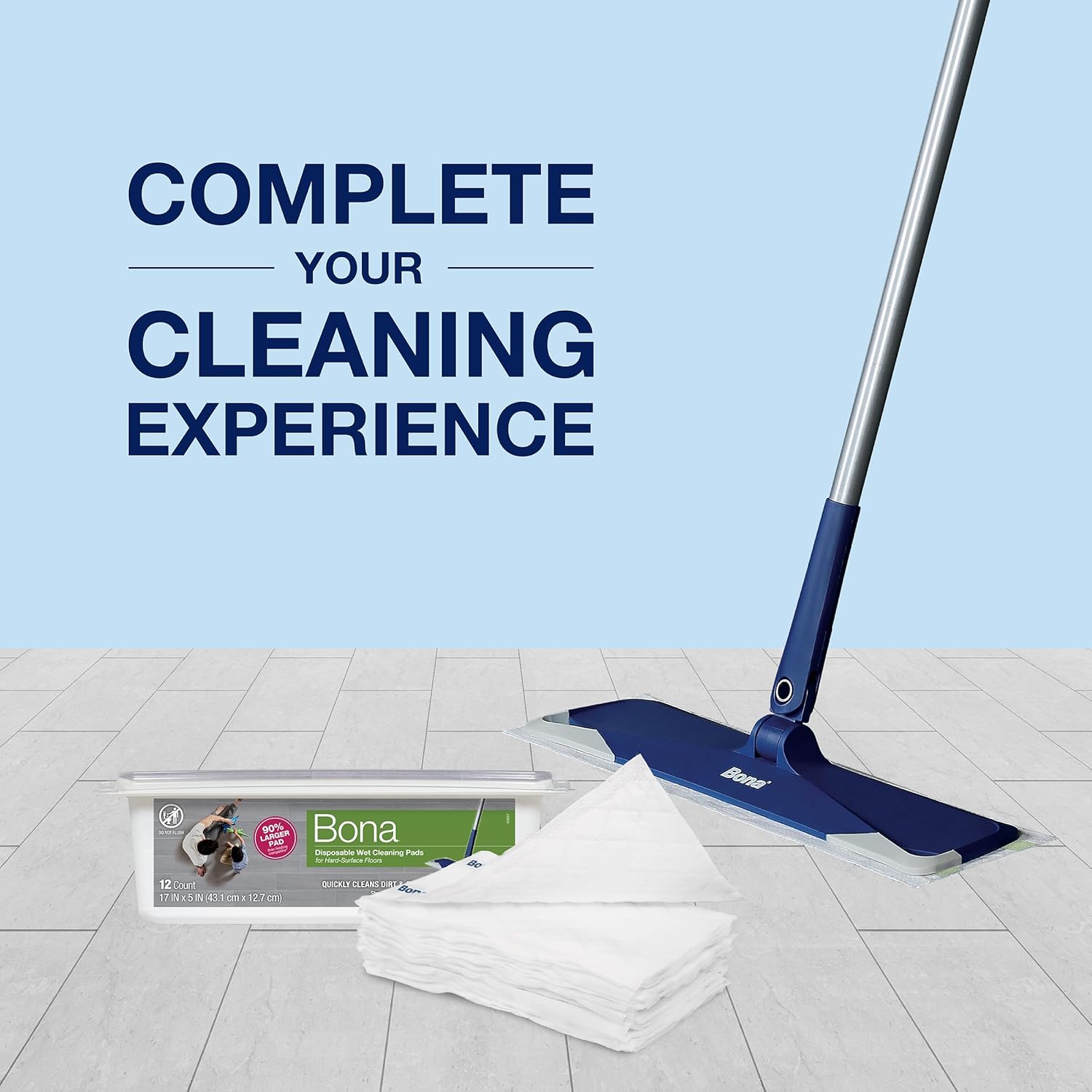 Bona Multi-Surface Floor Disposable Wet Cleaning Pads - 12-Pack - Residue-Free Floor Cleaning Solution for Stone, Tile, Laminate, and Vinyl Floors