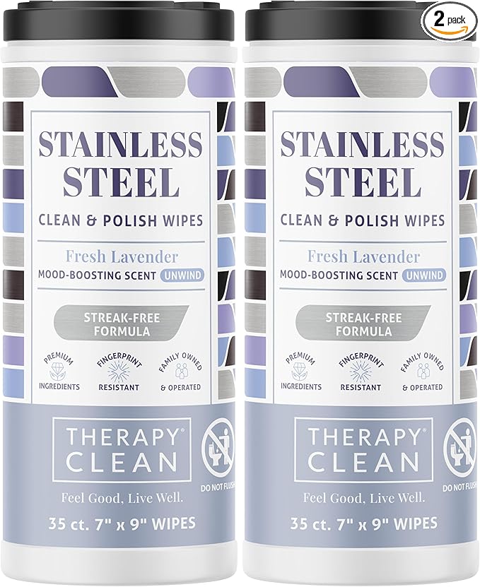 Therapy Stainless Steel Wipes, 30 Count (2 Pack) - Appliance Cleaner for Fridge, Dishwasher, Oven, Stove, Sink, Microwave, and More - Removes Smudges, Fingerprints, and Leaves a Streak-Free Shine