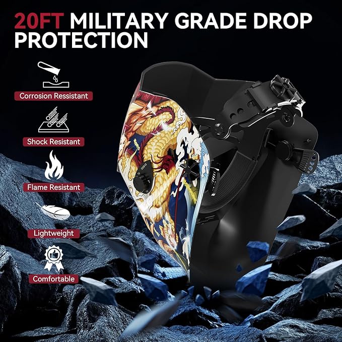 ARCCAPTAIN True Color Welding Helmet, 4 Arc Sensor Auto Darkening Welding Hood, Solar Powered Welding Mask, 1/1/1/1 Top Optical Clarity Welder Helmet, Wide Shade 4/9-13 for TIG MIG ARC, Dragon