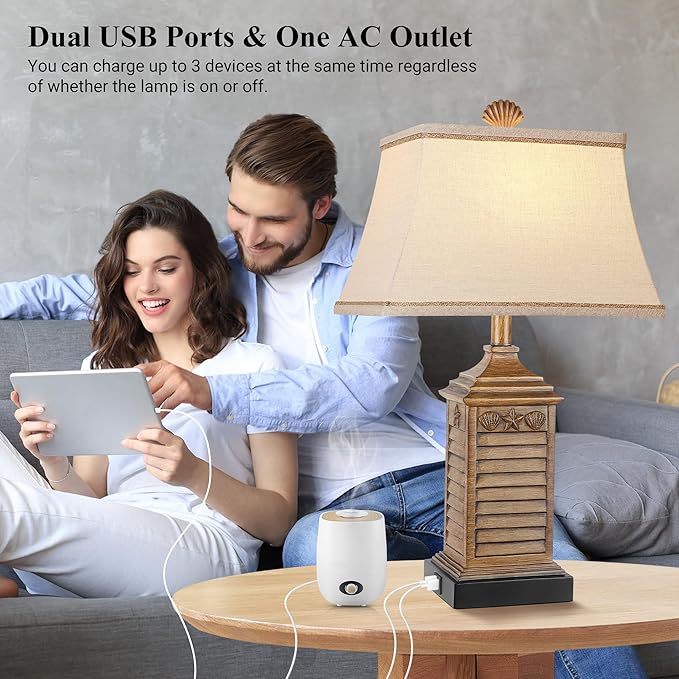 Table Lamps Set of 2 Coastal Beach Living Lamps for Bedroom with Dual USB Ports and One AC Outlet Brown Tropical Nautical Nightstand Bedside Lamps for End Table Home Decor with LED Bulbs
