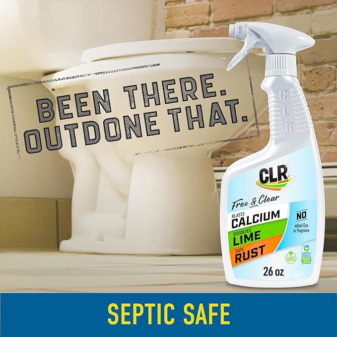 CLR Brands® Calcium, Lime & Rust Remover Free & Clear, No Dyes or Fragrances, Gentle Lime and Bathroom Descaler, Removes Hard Water Stains and Rust Deposits, 26 Oz Bottle (Pack of 1)