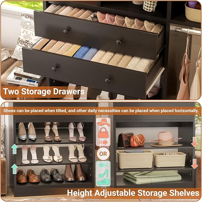 Closet System - 5FT Small Closet System with Drawers, 60" Closet Organizer System with Reversible Hanging Shelving, Closet Systems for Small/Walk-in Closets, Black