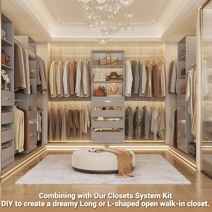 Aheaplus Closet System Set of 2, 4-9Ft Wood Closet Organizer with Drawers & Shelves, Closet Organizer System with 8 Hanging Rods, Walk-in Closets Organizer Wardrobe Closet Rack, Grey1