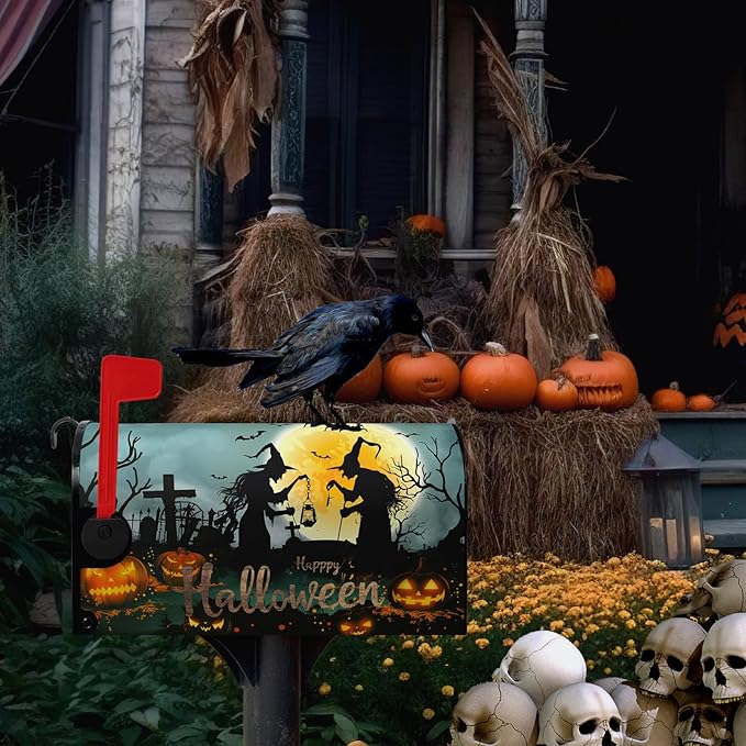 Halloween Witch Moon Mailbox Covers Magnetic 25.5 x 21 Inch Halloween Pumpkin Lanterns Seasonal Pattern Home Houses Mailbox Wraps Letter Box Cover Decorations Large Size for Outdoor