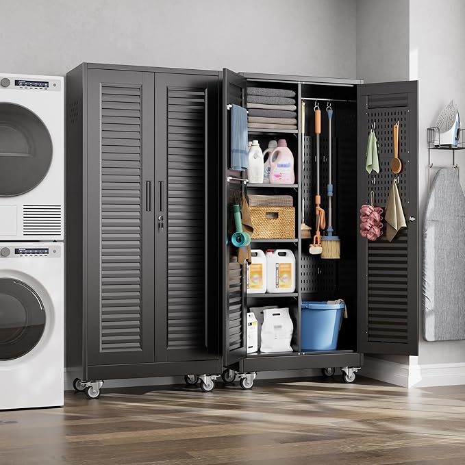 Garage Storage Cabinet with Wheels and 4 Shelves, Metal Broom Closet Storage Cabinet with Hanging Rod, Pegboard and 13 Hooks for Garage Home, Black, Assembly Required