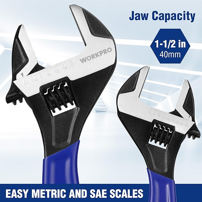WORKPRO 12-Inch Adjustable Wrench, Wide Jaw Black Oxide Cr-V Steel Wrench, Metric & SAE Scales, for Home, Garage, Workshop and DIY